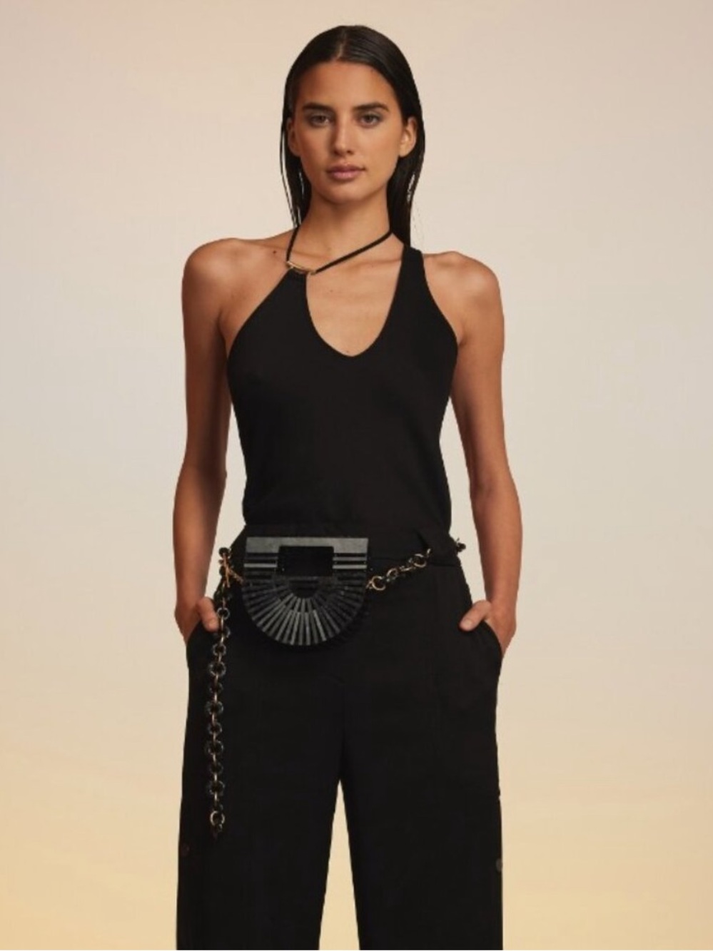 Cult Gaia Sonia Asymmetric Tank Top Black with Gold Hardware Size XS